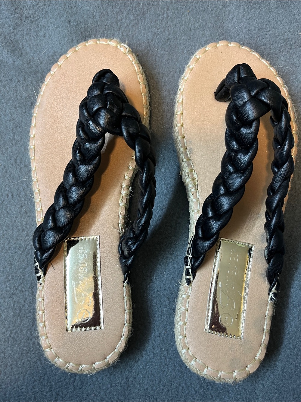 Forever 21 Black Braided Strap Sandals with Tan Footbed
